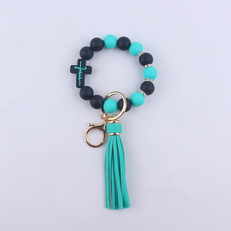 Wholesale Cartoon Silicone Cross Bead Tassel Wrist Keychain